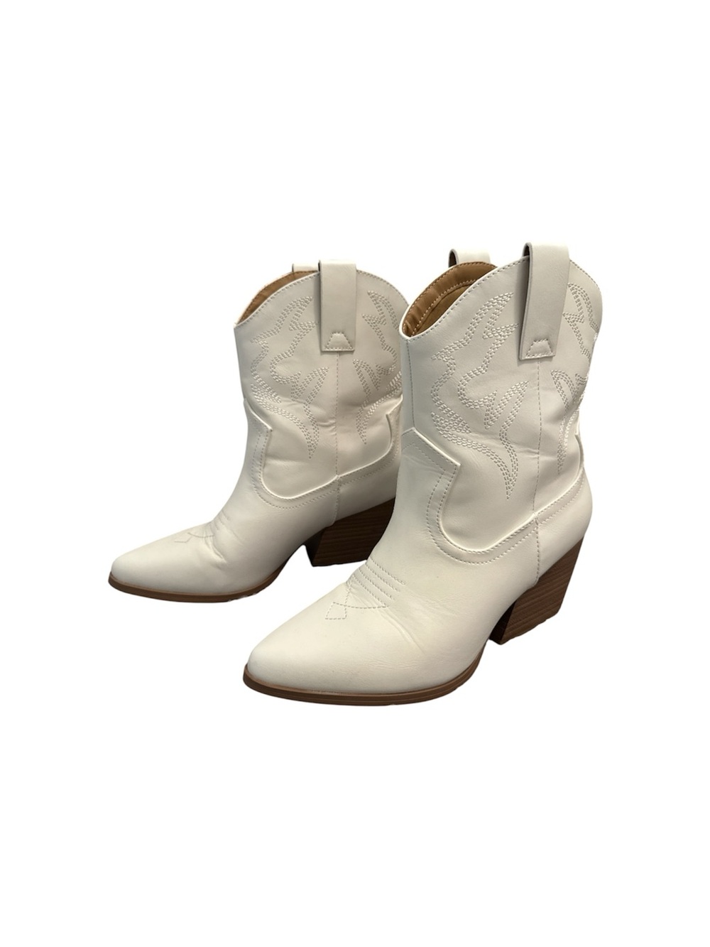 Soda White Western-Inspired Ankle Boots with Stacked Heel